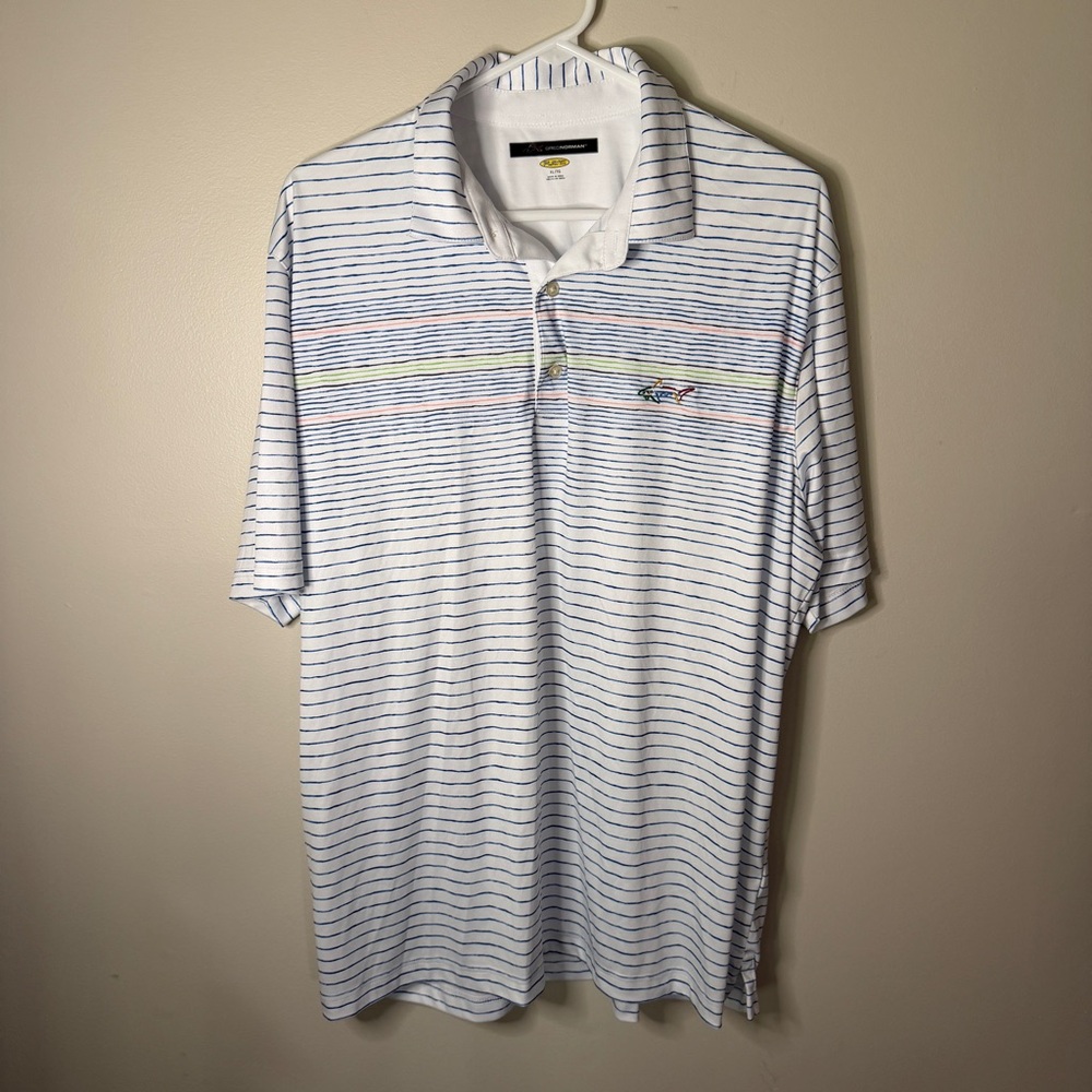 Greg Norman Polo Men’s Size XL Play Dry Golf Collared Shirt Striped Logo Cool